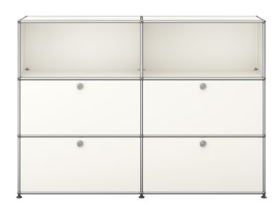 USM Haller Sideboard mit vier weißen Klappen und verchromtem Gestell, modernes Designmöbel für Wohnzimmer.
